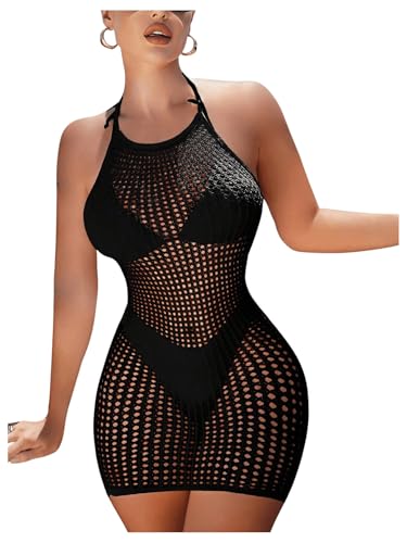 Floerns Women's Hollow Out Mesh Cover Up Dress Halter Tie Back Bathing Suit Beach Dresses Black One-Size