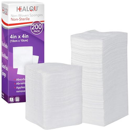 Healqu| Tampons en gaze non tissés - Sac de 200 tampons de gaze 4 x 4 - Éponges chirurgicales non stériles à 4 épaisseurs - Éponges en gaze médicale super absorbantes pour panser, débrider, préparer