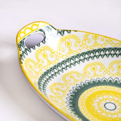 Image of Nestasia Set of 2 Yellow and Green Mandala Design Ceramic Long Oval Platter with Handles for Serving Snacks, Appetizers, Salads, and Noodles | Microwave Safe, Dishwasher Safe (10.8 Inch)