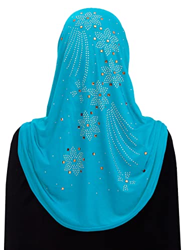 Aiyah Hijab Scarf Big Girls/Kids Pre-teen Elastane-Spandex Headscarf one piece Muslim Amira with Rhinestones (Turquoise)2