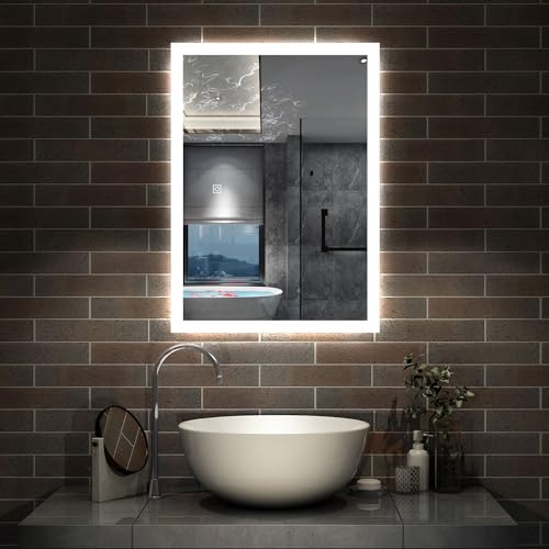 Backlit Bathroom Mirrors with Shaver Socket 3 Light Modes Dimmable, 500 x 700 mm Illuminated Wall Mounted LED Bathroom Vanity Mirror, Demister Fogless, Wall Switch/Touch Switch Smart LED Mirrors