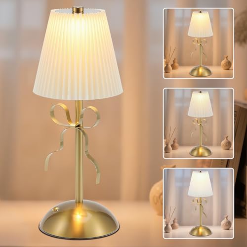 Cordless Table Lamp Small Gold Bow Night Light LED Rechargeable
