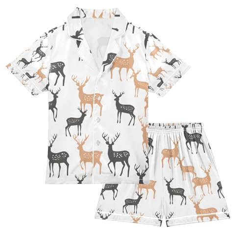 senya Deer on White Satin Summer Pajama Sets Silk Short Sleeve Button Down Sleepwear