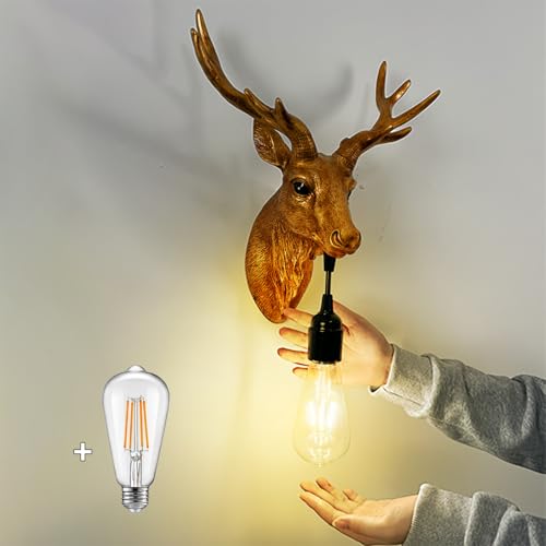 Deer Head Wall Mount Decor 14.5 inches Faux Deer Head Sculpture for Bar Background Wall Mount Home Living Room Animal Head Wall Art Christmas Decoration Resin Antler Decor Free LED Bulb Included