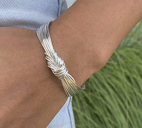 Handmade Sterling Silver Knot Cuff Bracelet, Tied White Silver Strings Minimalist Adjustable Cuff, Gift for Her3
