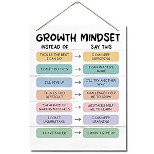 Growth Mindset Decor Sign, Hanging Printed Wall Plaque Wood Signs, School Psychologist Wall Art for Office Decor, Counselor Posters CBT Classroom Challenging Negative Thoughts, Gifts for Kids 10X7.8in