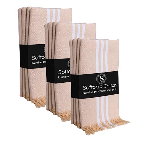 Image of Prewashed Stripe Kitchen Towels 12 Pack, 16x26 Inches, 100% Cotton, Dish Towels for Kitchen Drying, Reusable Tea Towels, Absorbent Wash Cloths, Quick Dry and Machine Washable - Beige