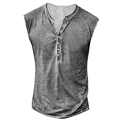 2023 Plus Size Mens Workout Shirt Henley Neck Button Down Sleeveless T-Shirts Summer Surf Beach Tank Tops Classic Retro Printed Graphic Tees Casual Gym Fitness Vest Khaki Xx-Large #TOP18