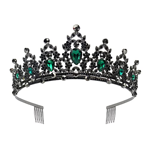 Cranight Tiara de boda de corona barroca negra Tiara de novia de cristal con diamantes de imitación de corona Diadema de cristal para boda, Diamante falso, Diamantes de imitación verdes