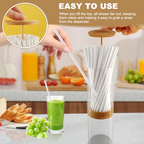 Jeyntanc Clear Straw Holder Dispenser for Counter, Drinking Straw Organizer Container with Bamboo Lid Transparent Straws Storage Holder, Includes Straws(COLOR:Clear)