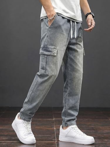 Image of JMIERR Men's Elastic Waist Cargo Jeans Stretch Denim Pants with Drawstring Relaxed Fit for Casual Daily Wear