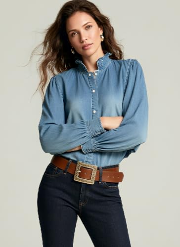 Womens Blue Ruffled Collar Denim Shirt Trendy Snap Fastener Long Sleeve Tops 2025 Fall Western Cowboy Style Tops2