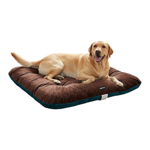 Image of Amazon Basics Pet Bed | Large | Reversible Premium Velvet Pet Bed for Cats & Medium /Large Dogs (Labrador, Golden Retriever, German Shepherd) | Soft & Durable | Coffee & Light Blue| 107 x 107 x 7 cm