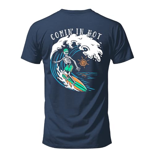 Salty Bones Comin in Hot Surfer Ocean Wave Beach Graphic T-Shirt Classic Fit Printed in USA (US Alpha Large Regular Regular Heather Navy)