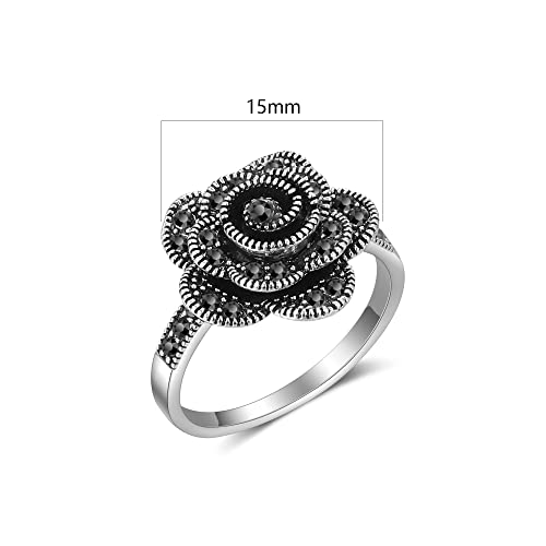 Image of Mytys Vintage Wide Ring Classic Black Marcasite Crystal Rows Statement Silver Chunky Rings