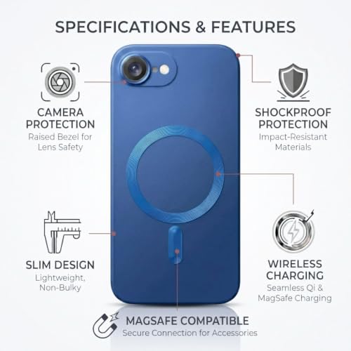 Image of amazon basics Premium Mag-Safe Case for iPhone 16E | Shockproof & Anti-Scratch Cover | Soft Silicone with Wireless Charging | Camera Lens Guard - Blue