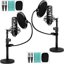 TEAM ESSENTIALS: Two complete cardioid condenser microphone bundles with studio accessories- 9"-14" height adjustable desk top microphone stands, dual-layer nylon mesh gooseneck pop filters, shock mounts, foam windscreens, and XLR audio cables, the p...