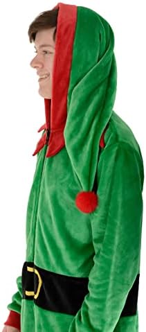Mens Christmas Elf All In One Hooded Pyjama Suit Green Fleece Nightwear