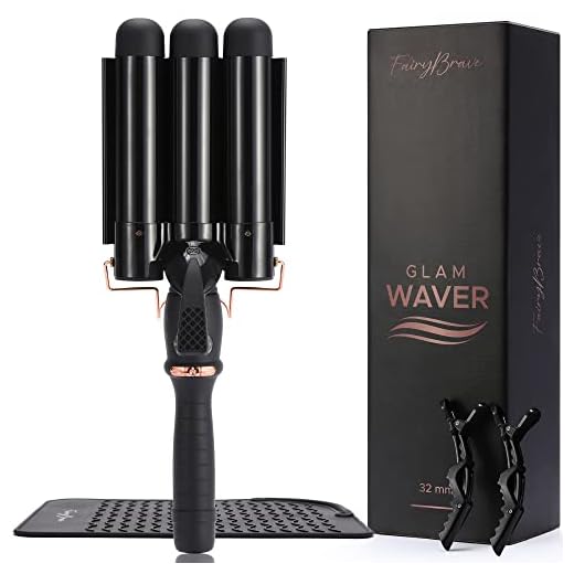 Large 3 Barrel Curling Iron, Triple Hair Waver & Crimper Wand for Beach Waves, Ceramic Tourmaline with Adjustable Temperature - Glam Waver, Black