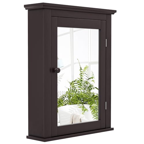 Safeplus Brown Medicine Cabinet with Mirror, Wall Mounted Adjustable Storage for Bathroom, Living Room, Bedroom, Entryway and Kitchen