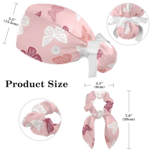 Image of Butterfly Scrub Cap Women with Ponytail & Buttons Adjustable Surgical Nurse Hat with Cotton Sweatband for Long Hair