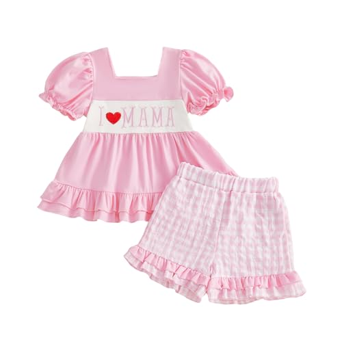Baby Girl 2Pcs Summer Outfits I Love Mama Heart Letter Embroidery Dress Tops Shorts Set Toddler Clothes (Pink-I love Mama, 3-4T)