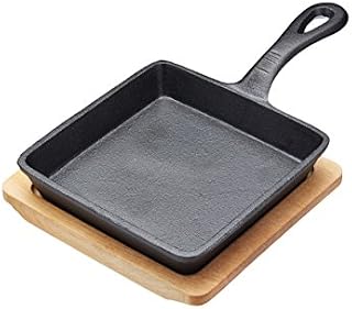 Artesà Mini Frying Pan with Wooden Serving Board in Gift Box, Square, Cast Iron, 16 x 24.5 cm, Black/Beige