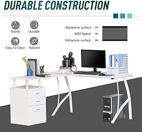 HOMCOM L-Shaped Computer Desk Table with Storage Drawer Home Office Corner Industrial Style Workstation, White