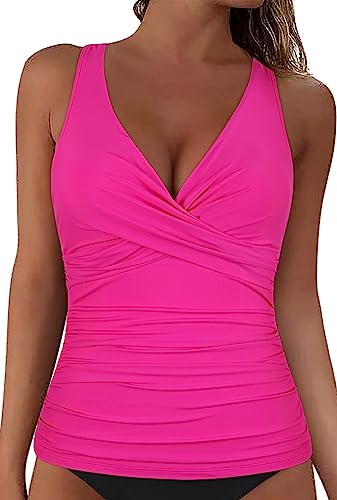 Hilor Women's Hot Pink Underwire Tankini Tops Only Criss Cross V Neck Swimsuits Top Ruched Tummy Control Swim Top 12 - Image 2