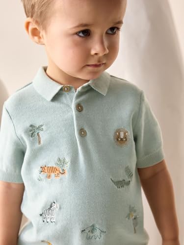 NEXT Kurzärmeliges Strick-Poloshirt mit Stickerei Mineral Blue 18 Monate