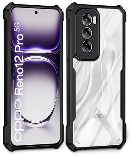 Image of WOW IMAGINE Shock Proof Clear Protective Back Case for Oppo Reno 12 Pro 5G - AirEDGE Technology | 360 Degree Camera Protection | Transparent Hybrid Back Case Mobile Cover - Black
