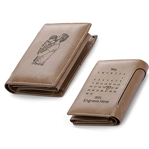 kaululu Personalisierte Geldbörse Portmonee Geldbeutel mit Foto Kalendar Gravur für Herren Männer Braun Leder Geschenk für Valentinstag Geburtstag Vatertag Weihnachten
