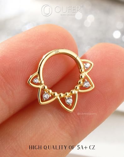 OUFER Gold Daith Piercing Jewelry, 9K Solid Gold Daith Hoop Earring, 16G Clear CZ Design Daith Earrings, Helix Cartilage Septum Piercing Jewelry4