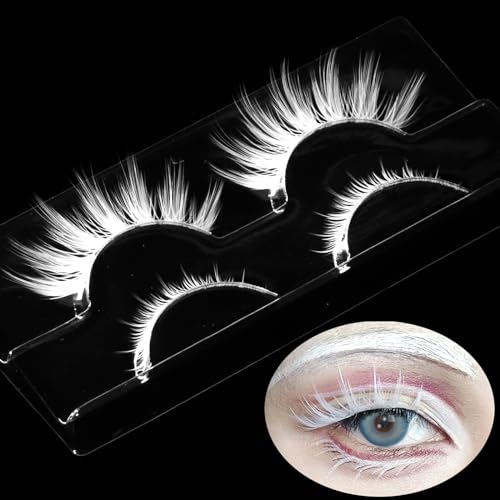 AUGENLI Halloween White False Lashes Upper & Bottom Extension Tools Japanese Anime Cosplay Natural Makeup Looking Masquerade Party Eye Lashes (01A)