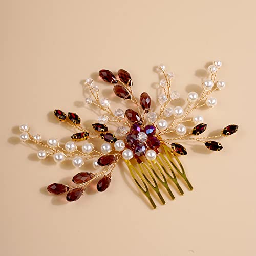 Peine para cabello con cristales y perlas color vino tinto miniatura 1