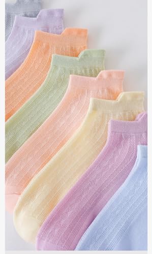 Image of 10 Pairs Candy-Colored Ladies' Short Tube Socks with Mesh, Thin, Breathable, Anti-odor Cotton Boat Socks