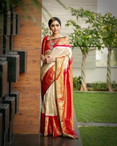 Image of Flosive Women's Kanjivaram Silk Saree With Beautiful Blouse With Zari Border