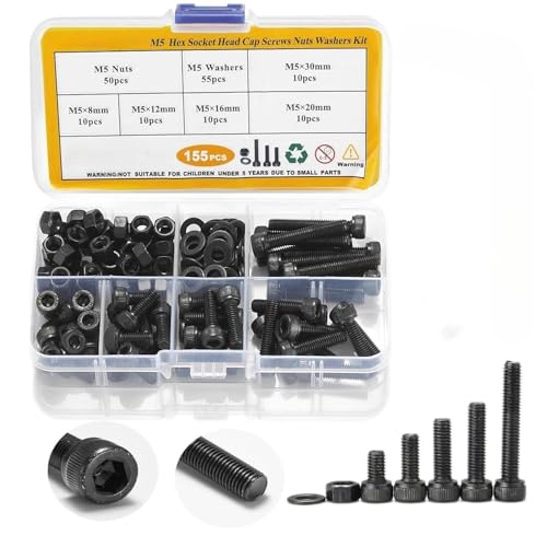 Eisbiek 155 Pcs Metric Screws Assortment,Hex Socket Head Cap Bolts, M5*8mm/12mm/16mm/20mm/30mm Screws Nuts and Washers, Carbon Steel,Black Zinc Plated,Anti Rust Upgrade(155Pack,M5)
