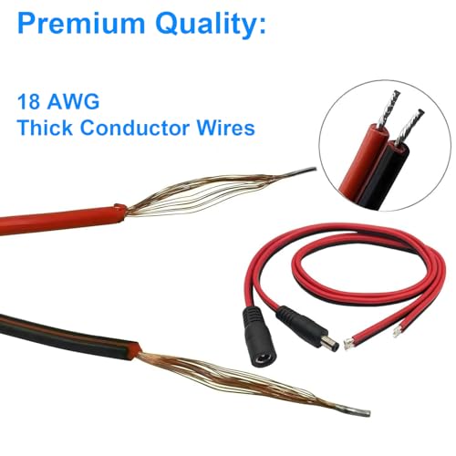 (Real 18AWG) 1 Pairs 12V 5A DC Power Pigtail Barrel Plug Connector Cable, 2.1mm x 5.5mm Male Female DC Pigtail Connectors for CCTV Security Camera and 12V Power Supply Adapter (1 Male+1 Female) - Image 4
