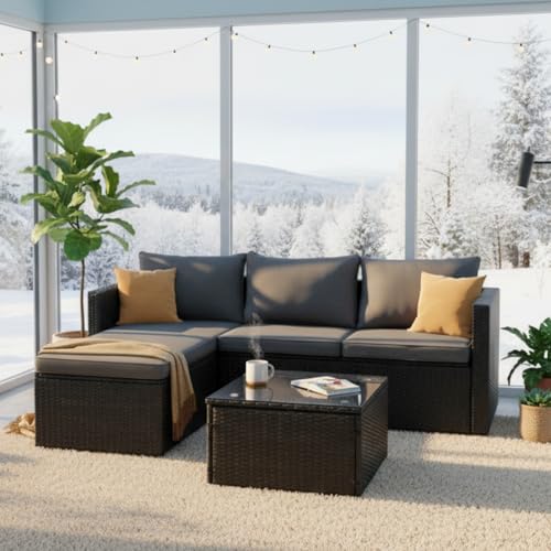 JAMFLY 3-Piece All-Season Wicker Patio Sectional Sofa Set with Coffee Table, Modular Indoor Outdoor Furniture for Poolside, Sunroom, Garden & Backyard, Grey