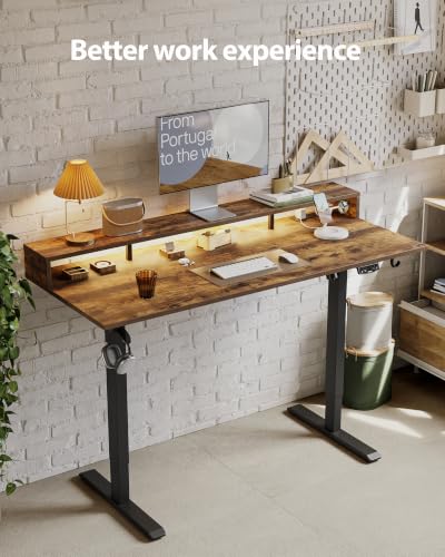 Image of Agilestic 55 x 24 Inch Electric Standing Desk with Shelf, Height Adjustable Desk with Power Outlets & LED, Sit Stand Up Table with Monitor Stand, Computer Workstation, Rustic Brown