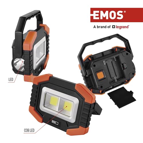 EMOS LED-Arbeitsleuchte, kleiner tragbarer Arbeitsstrahler, Helligkeit 350 lm, 110 m Leuchtweite, 2 Lichtmodi, batteriebetrieben mit bis zu 20 Stunden Leuchtdauer, drehbarer Handgriff