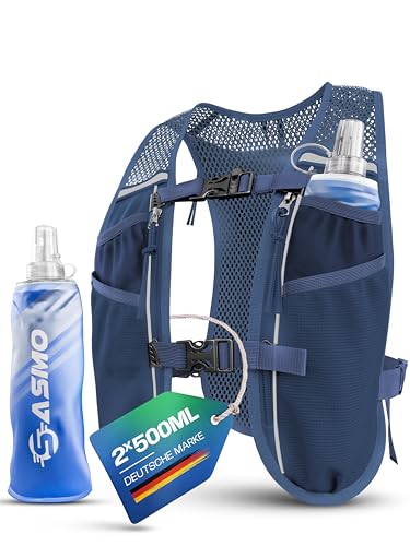 SASMO® Laufweste Damen & Herren 5L | Running Vest - Ultraleicht 270g & atmungsaktiv| Laufrucksack Damen - 8 Taschen | Laufweste Herren | Trinkweste Laufen (Navyblau - mit 2x500ml, 5L)
