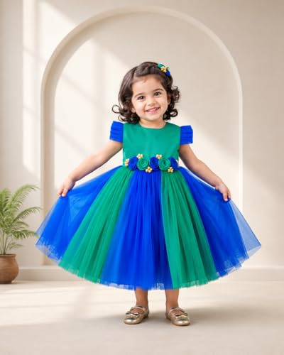 Image of Stanwells Kids Baby Girl Peacock Blue Net Frock Birthday Kids Dress for Girls Short Sleeve Flared Knee Length 6Months-8 Yeras
