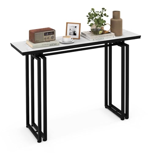 Costway Console Table, Modern Faux Marble Top Entryway Table w/Heavy-Duty Metal Frame, Long Sofa Side Table w/Gold Frame & Adjustable Foot Pads, Narrow Accent Table for Hallway (White +Black)