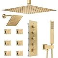 NPYSVSSS Thermostatic Shower System Dual Shower Heads with 16" Ceiling Mounted Rain Shower Head & 6" Wall Mounted Head 4 Function Shower System with body jets Can All Run Together, Brushed Gold