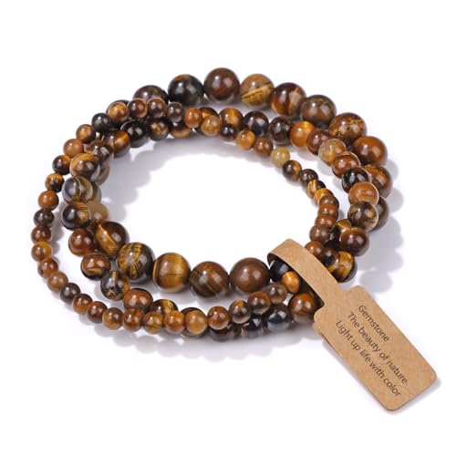 Risyfjew 3 PCS Natural Stone Beaded Stretch Bracelet 4mm 6mm 8mm Healing Crystal Bracelets Women Tiger Eye Jewelry Gift
