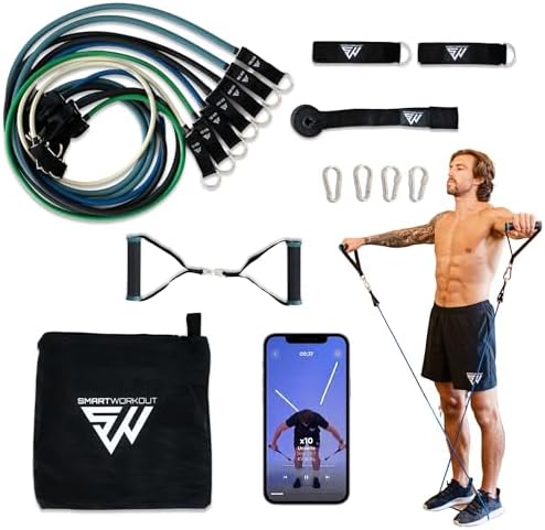 SmartWorkout® - Kit Elastici Fitness Professionale - Pacchetto Allenamento Completo 19 pezzi, 7 bande di resistenza totalizzanti 120 kg, barra per elastici, maniglie, Ancoraggio della porta & Programma Incluso