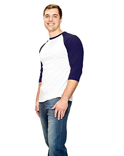 Camiseta Raglan para Hombre Monag Men, Manga 3/4 Blanco y Azul Marino, Talla XL