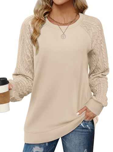 Aokosor Damen Pullover Rundhals Oversize Sweatshirt Elegant Herbst Winter Langarm Tops Oberteile Khaki L